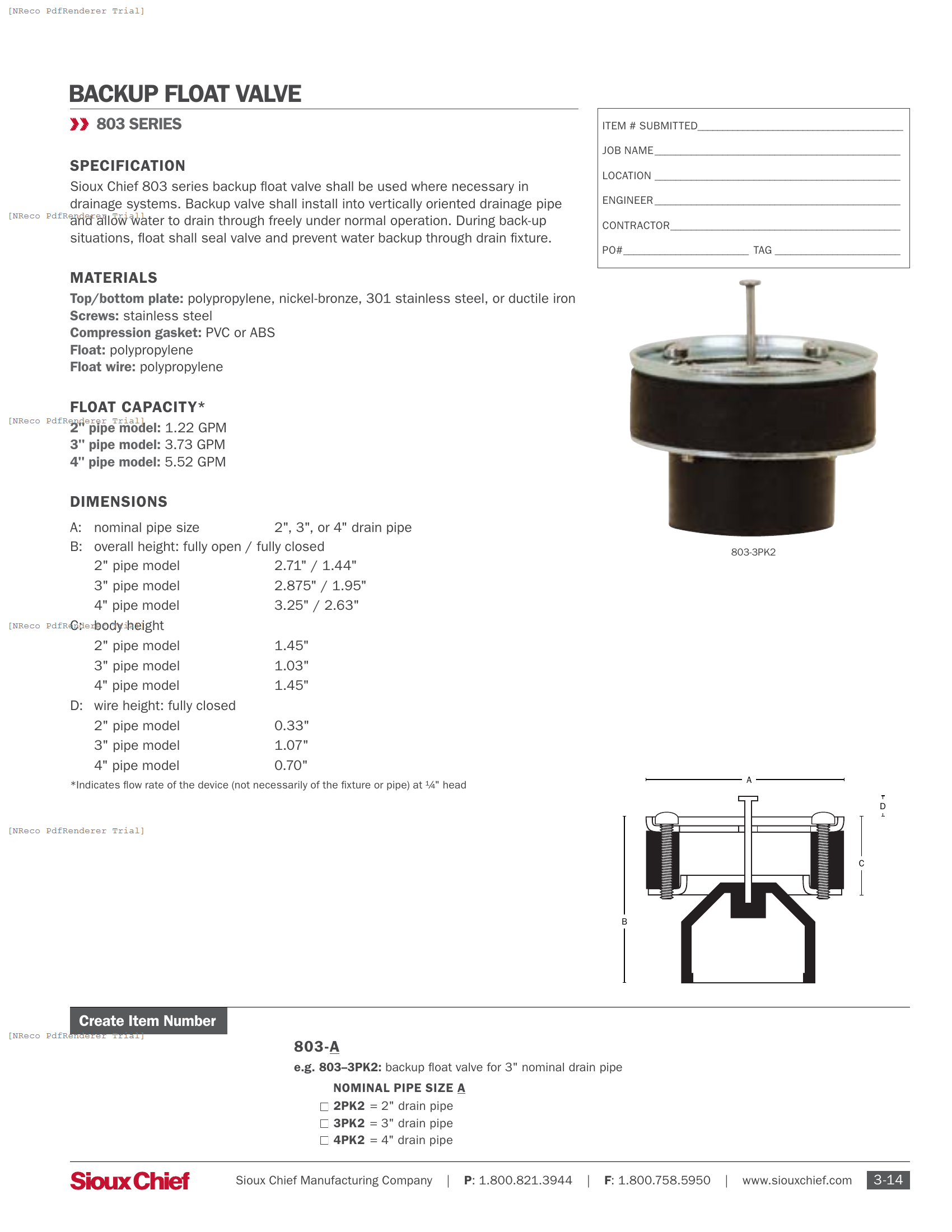 803 SERIES - BACK UP FLOAT VALVE - SPEC SHEET.PDF Specification Document